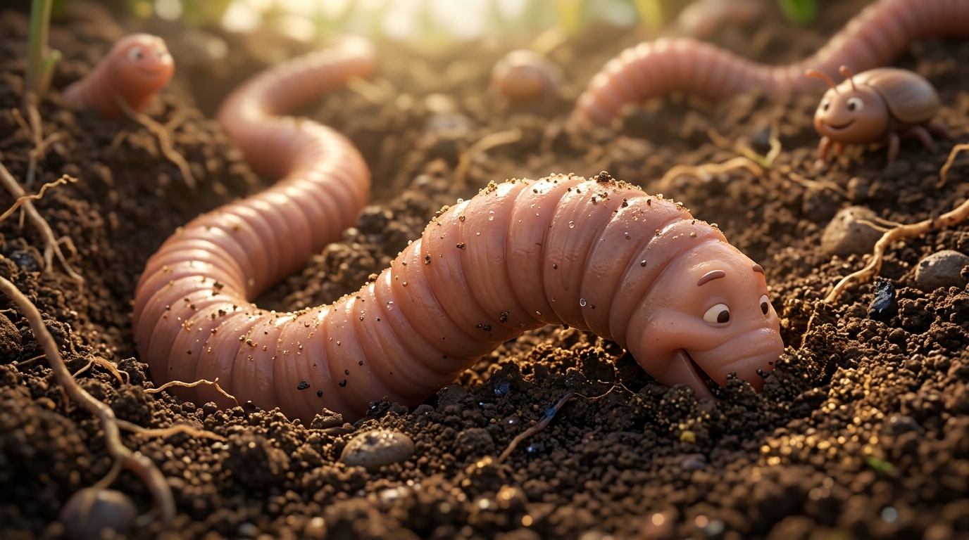 Close-up of earthworm's segmented body texture, showing muscle contractions, soil particles adhering to moist skin
