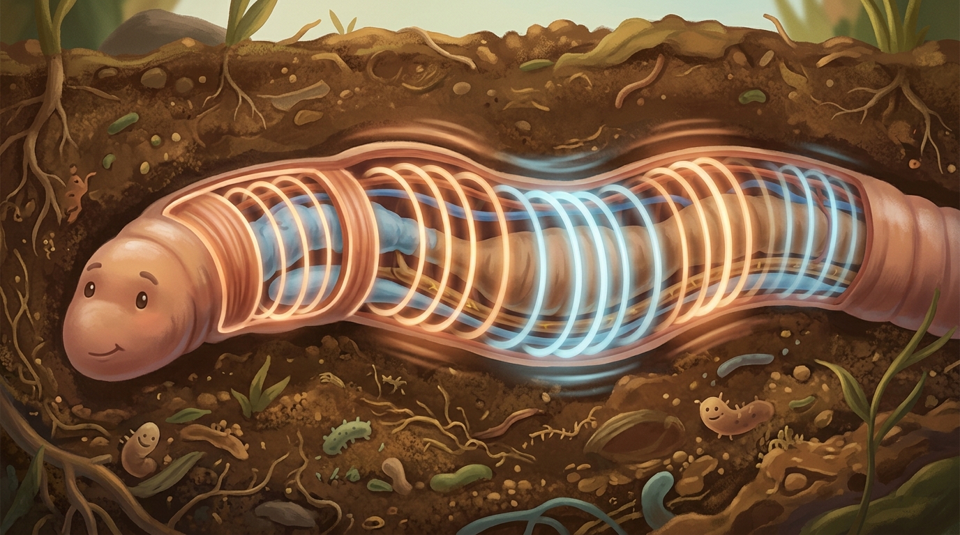 Animation of segmented earthworm body showing peristaltic motion waves, cross-section view of muscle rings contracting