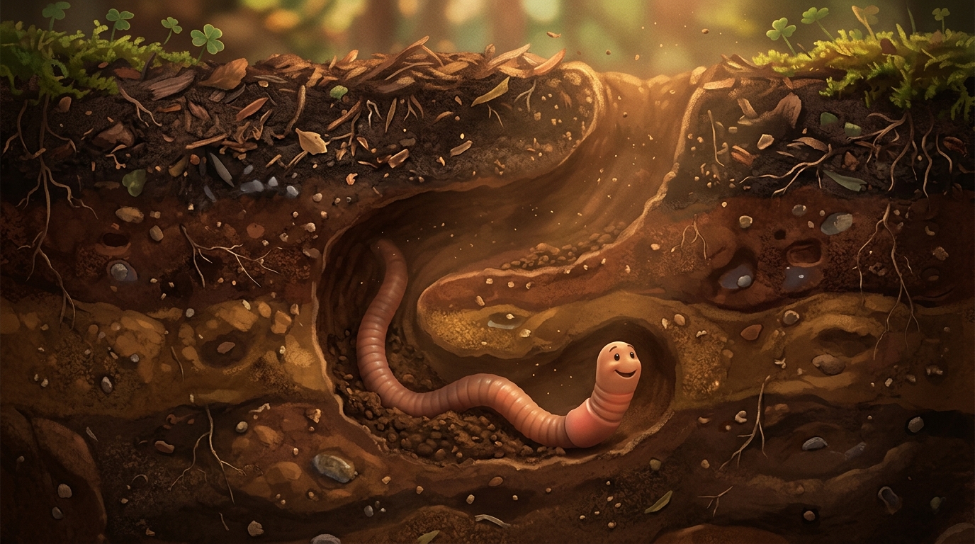 Overhead view of soil with tunnel opening, earthworm disappearing downward, earth layers visible