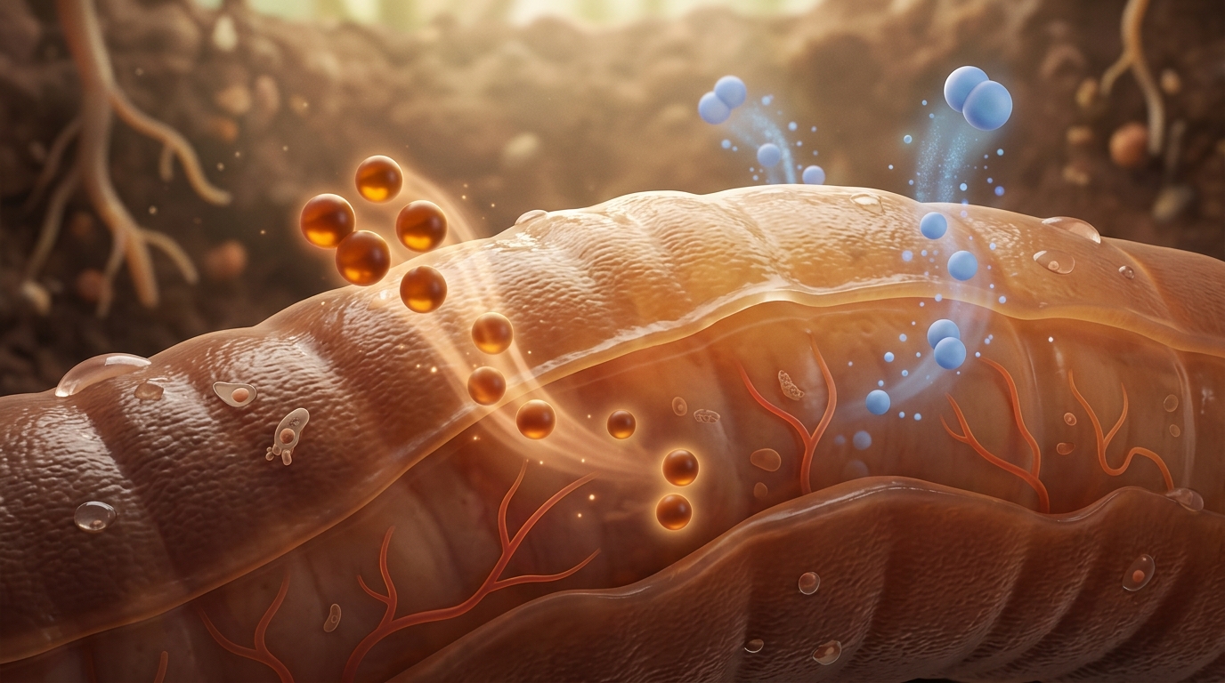 Close-up of earthworm skin surface showing gas exchange, microscopic detail, oxygen and carbon dioxide molecules illustrated