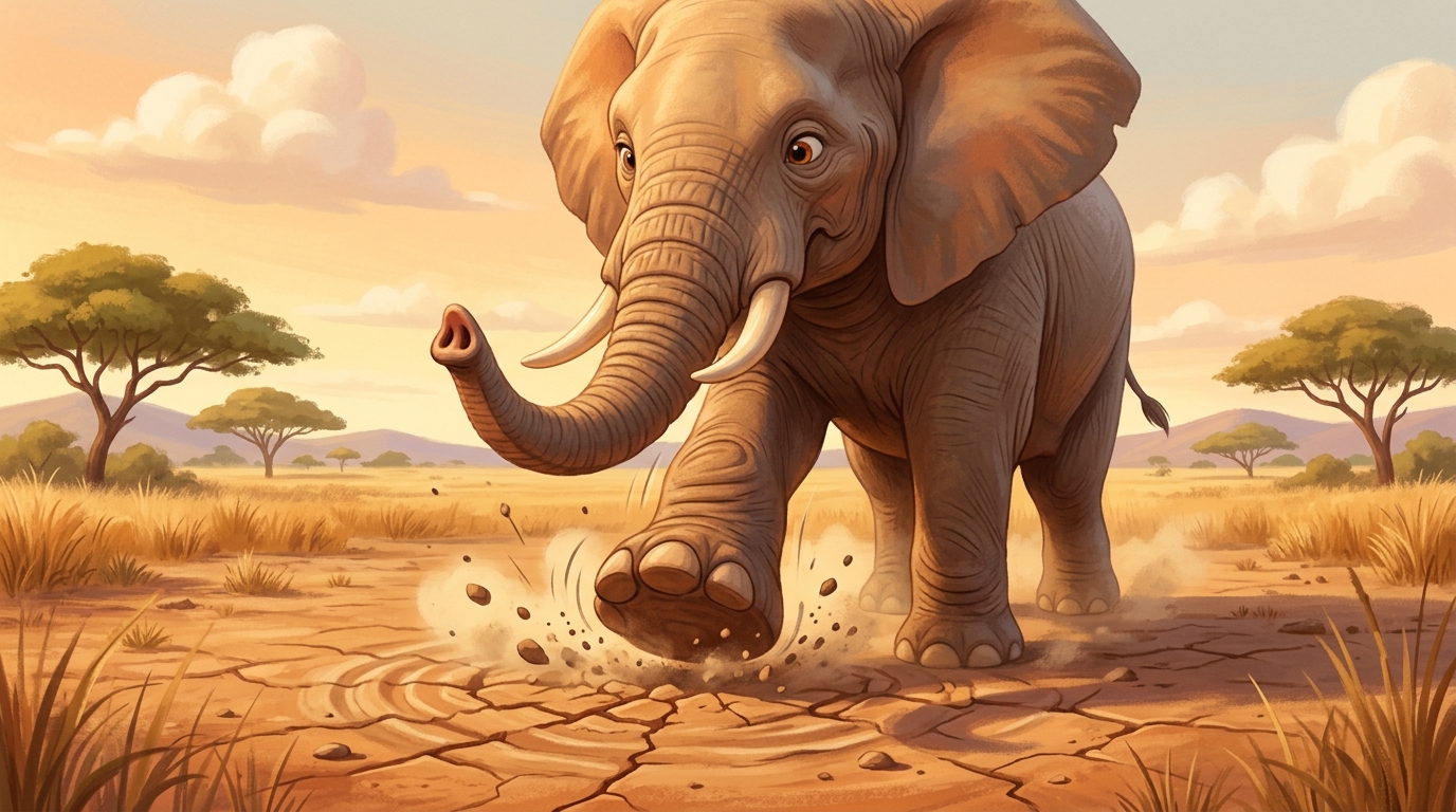 An elephant in the savanna pressing its foot firmly on the ground, causing vibrations. Close-up of the foot contact with earth.