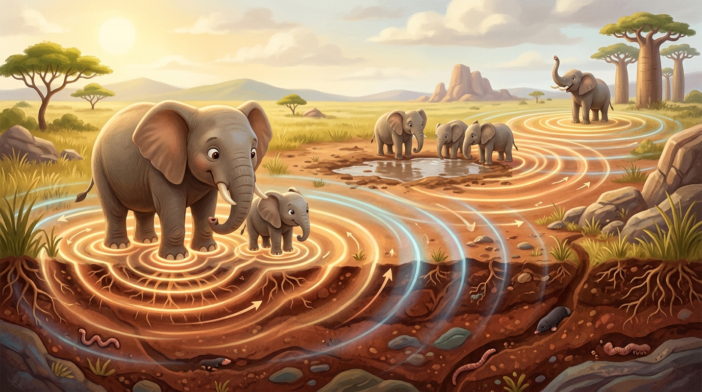 Animated visualization of vibration waves traveling through earth soil, reaching distant elephants' feet.