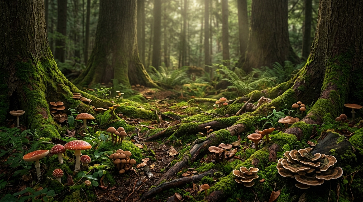 Forest floor with mushrooms, moss, and roots. Atmospheric woodland scene with dappled sunlight.