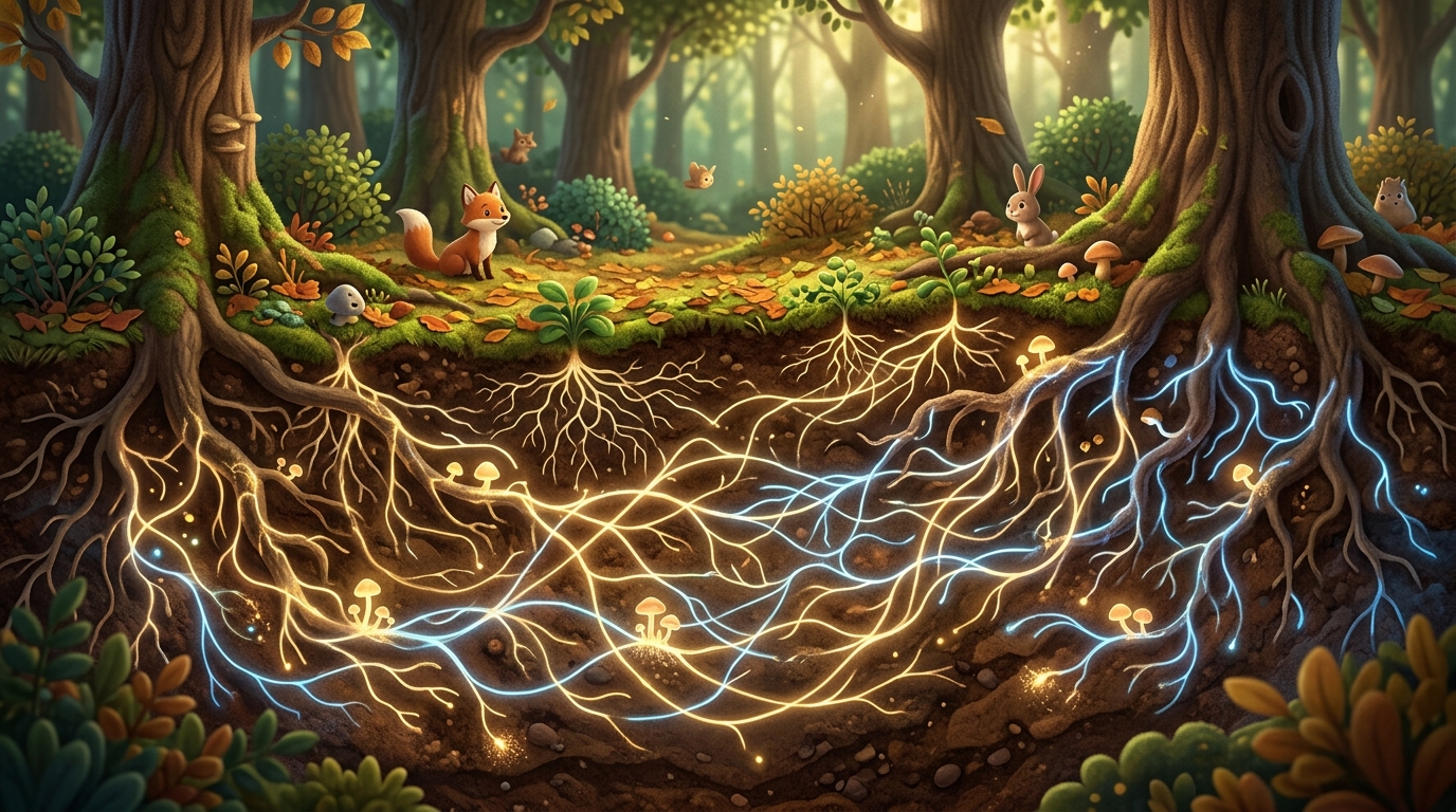 Animation or illustration of mycelium network beneath forest, glowing threads connecting roots and fungi.