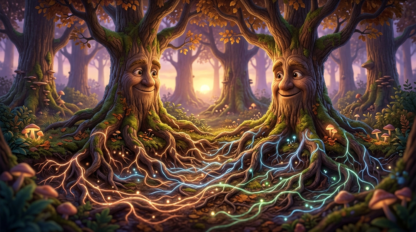 Two trees with visible root systems, chemical signals represented as glowing particles moving between roots through mycelium.