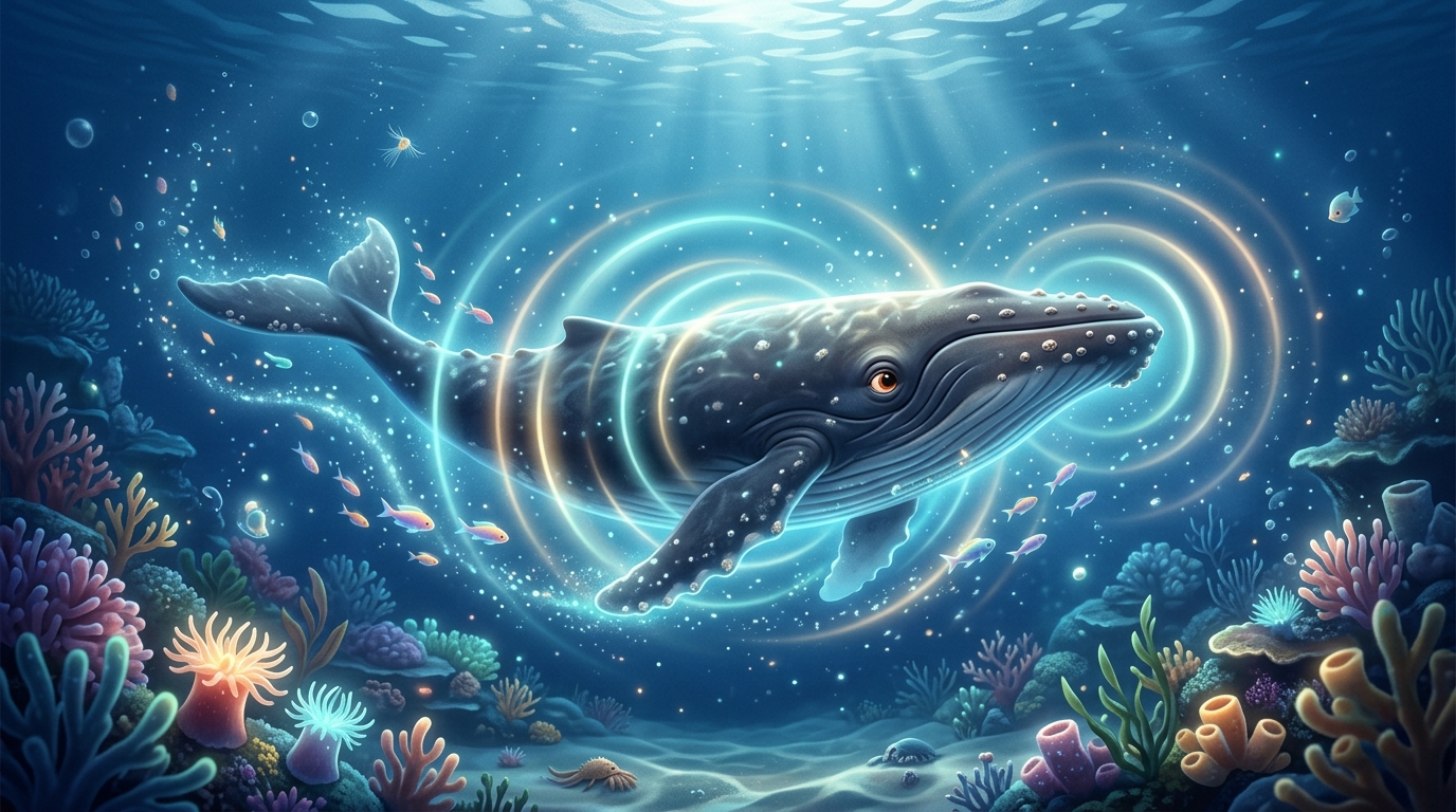 Underwater scene with whale, sound waves visualized as ripples spreading through water.