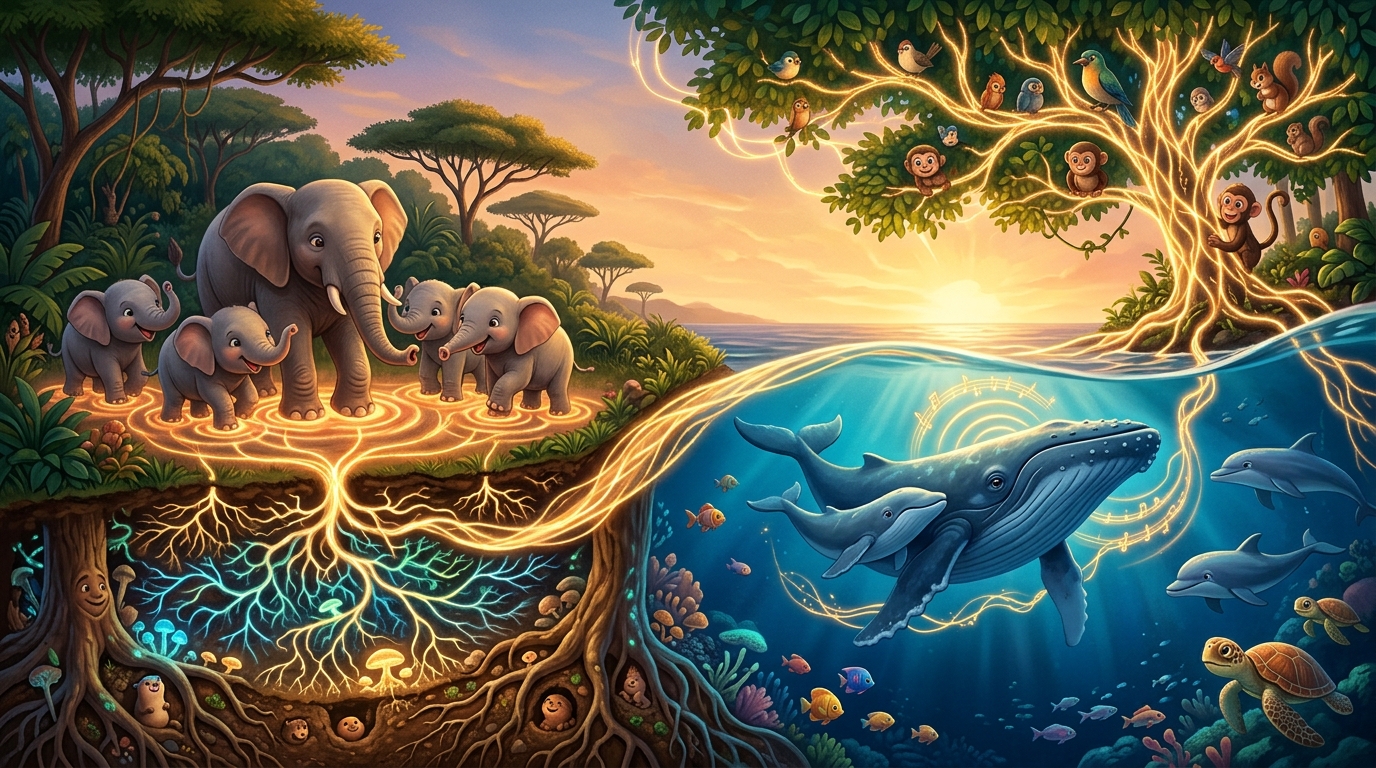 Montage of all communication types: elephant feet, mycelium network, whale underwater, all glowing with energy.