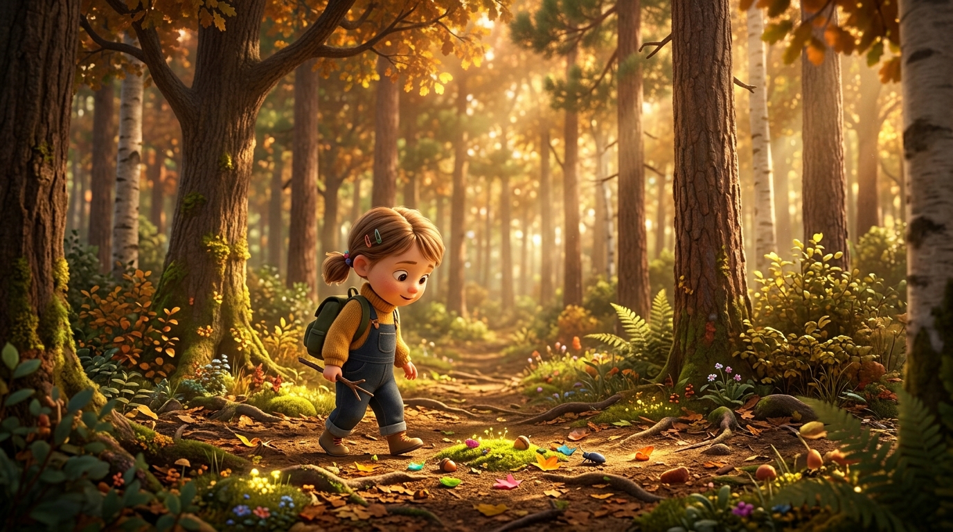 Child walking through a sunlit forest, looking down at the ground with wonder, nature all around.