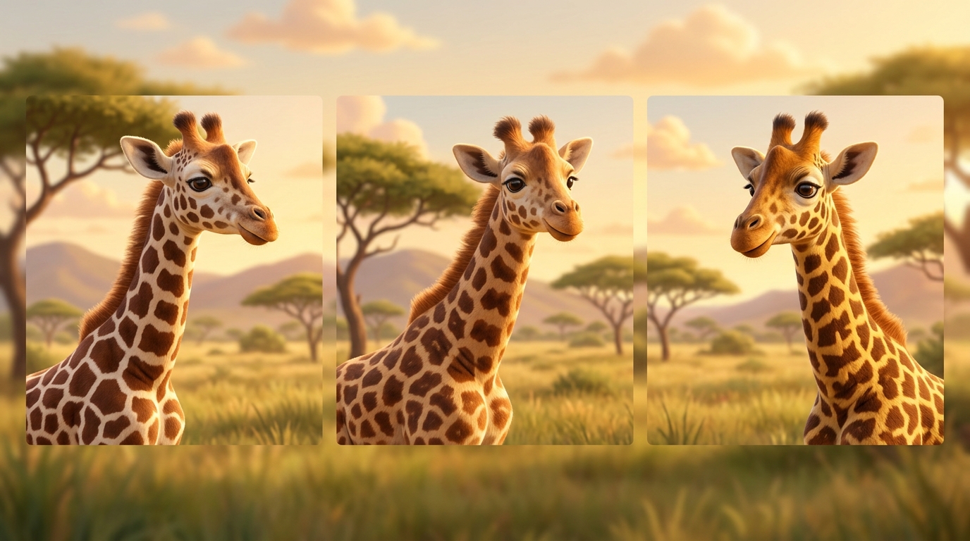 Multiple giraffes shown side-by-side or close-ups of different giraffes' coat patterns, clearly showing the variation in spot shapes and sizes.