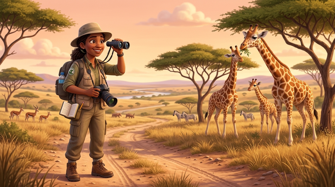 A scientist or researcher in the field with binoculars observing and photographing giraffes, documenting their patterns.